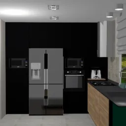 Wizualizacja nowoczesnej kuchni z czarnymi szafkami, srebrną lodówką side-by-side z dystrybutorem wody, drewnianym blatem, płytą indukcyjną i oknem z roletą rzymską.