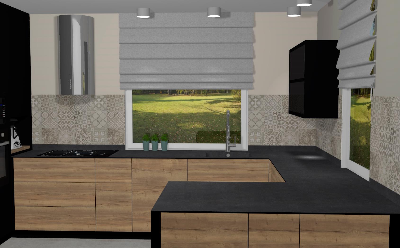 Wizualizacja nowoczesnej kuchni z drewnianymi szafkami, czarnym blatem, wzorzystą mozaiką na ścianie i widokiem na zieleń za oknem.