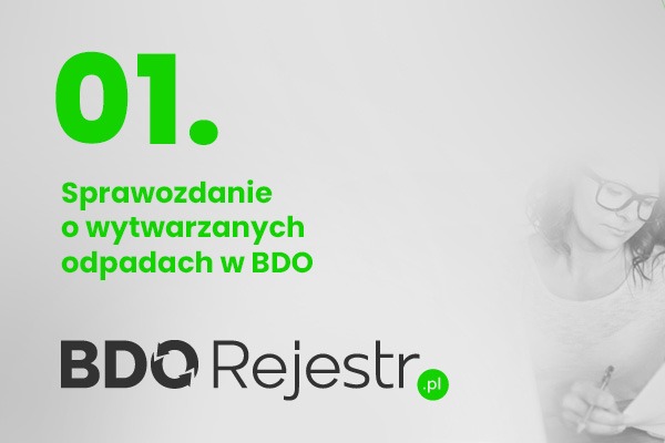 Grafika z tekstem informującym o sprawozdaniu o wytwarzanych odpadach w BDO, z logo BDO Rejestr.pl i sylwetką kobiety piszącej w tle.