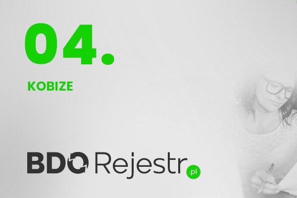 Ilustracja z numerem 04, napisem KOBIZE, logo BDO Rejestr .pl i sylwetką kobiety piszącej na dokumentach, sugerująca procedury związane z ochroną środowiska.