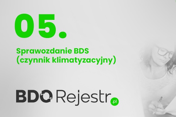 Sprawozdanie BDS (czynnik klimatyzacyjny) z numerem 05, logo BDO Rejestr .pl oraz kobieta w okularach wypełniająca dokument.
