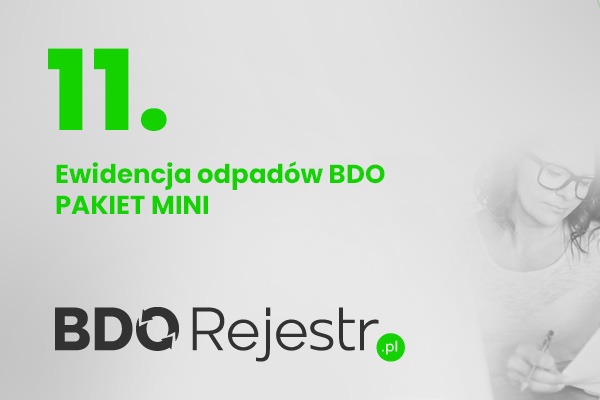 Grafika informacyjna: Ewidencja odpadów BDO pakiet MINI, logo BDO Rejestr.pl, w tle kobieta wypełniająca dokumenty.