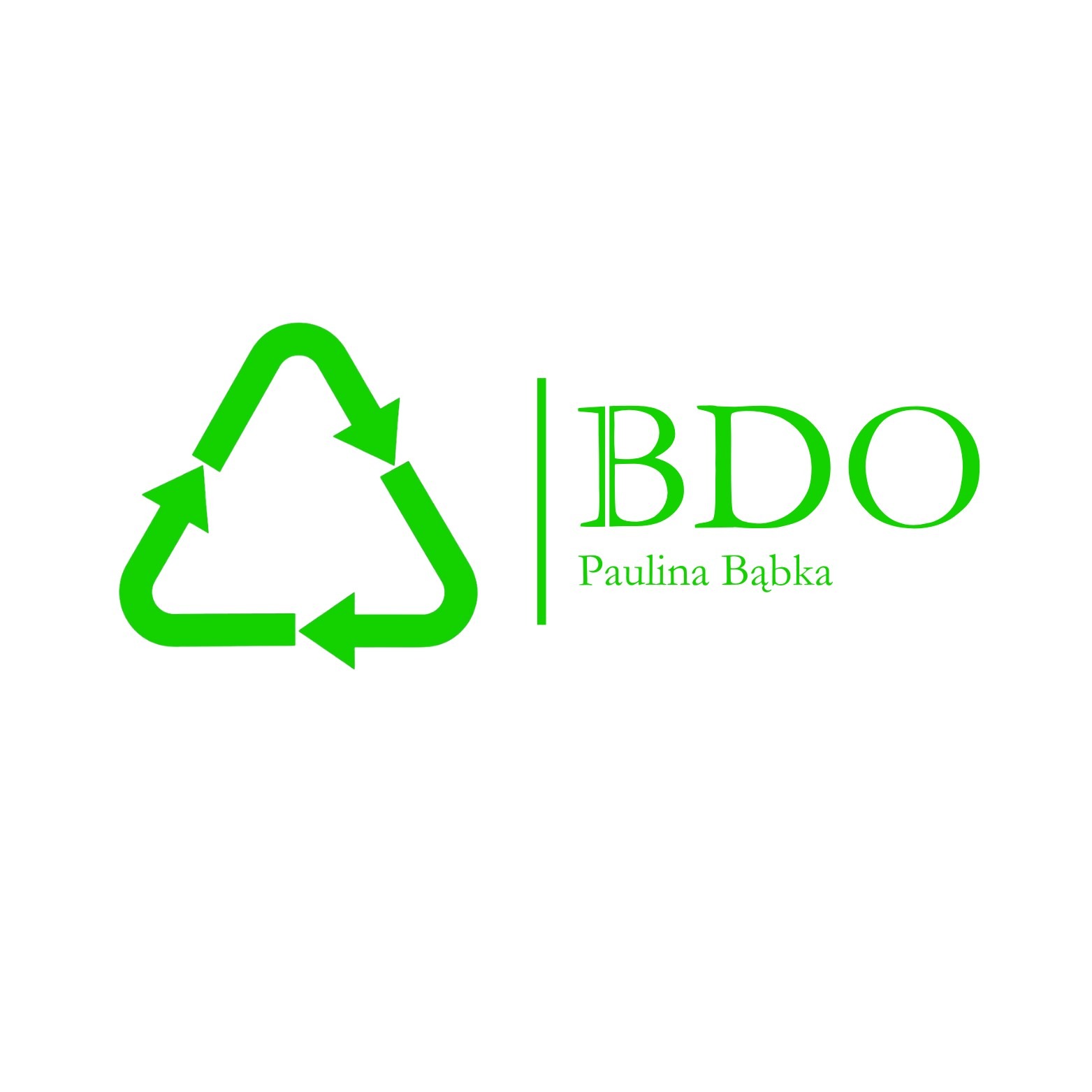 Zielone logo BDO z symbolem recyklingu i imieniem Paulina Bąbka na białym tle.