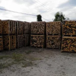 Ułożone w paletach, pocięte kawałki drewna, gotowe do transportu, na zewnątrz pod pochmurnym niebem.