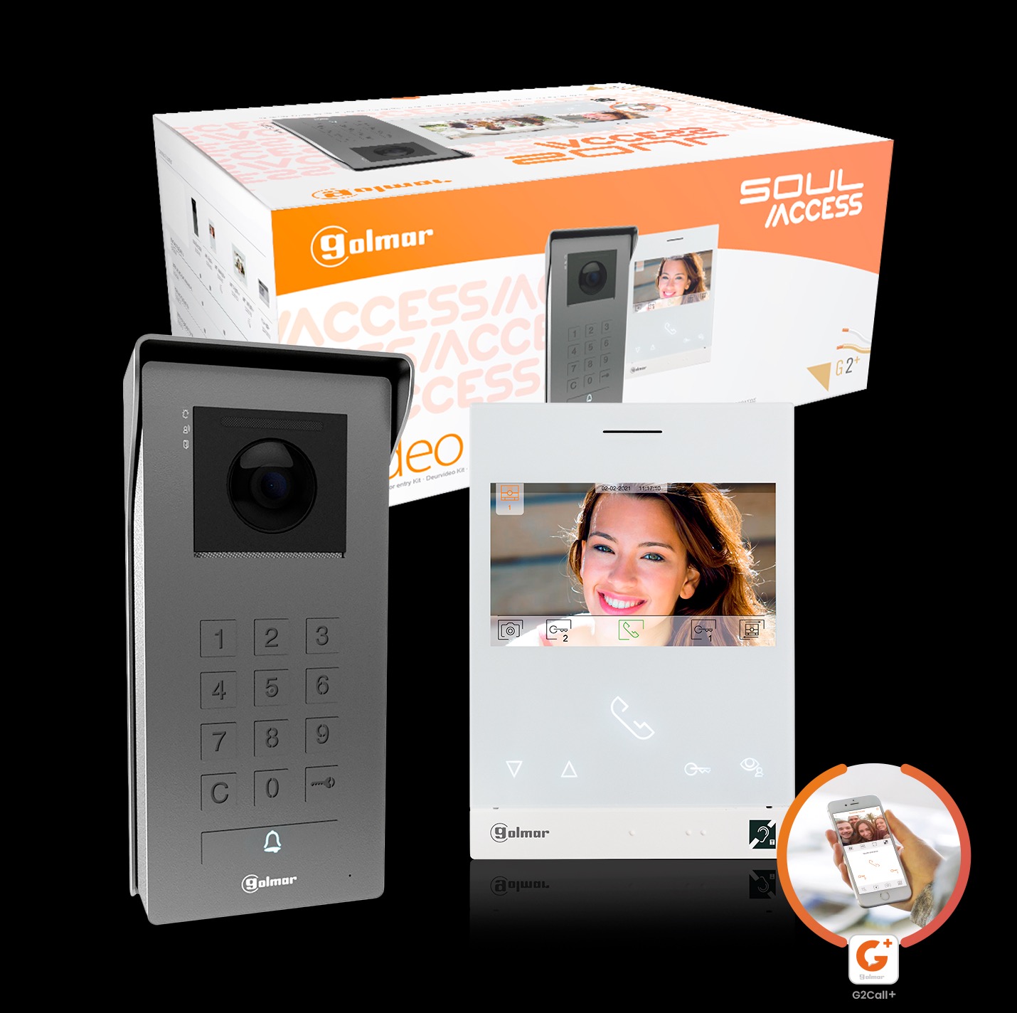 Zestaw wideodomofonowy Golmar Soul Access G2+ z panelem zewnętrznym z klawiaturą numeryczną, monitorem z ekranem dotykowym i aplikacją mobilną, prezentowany na czarnym tle z pudełkiem.