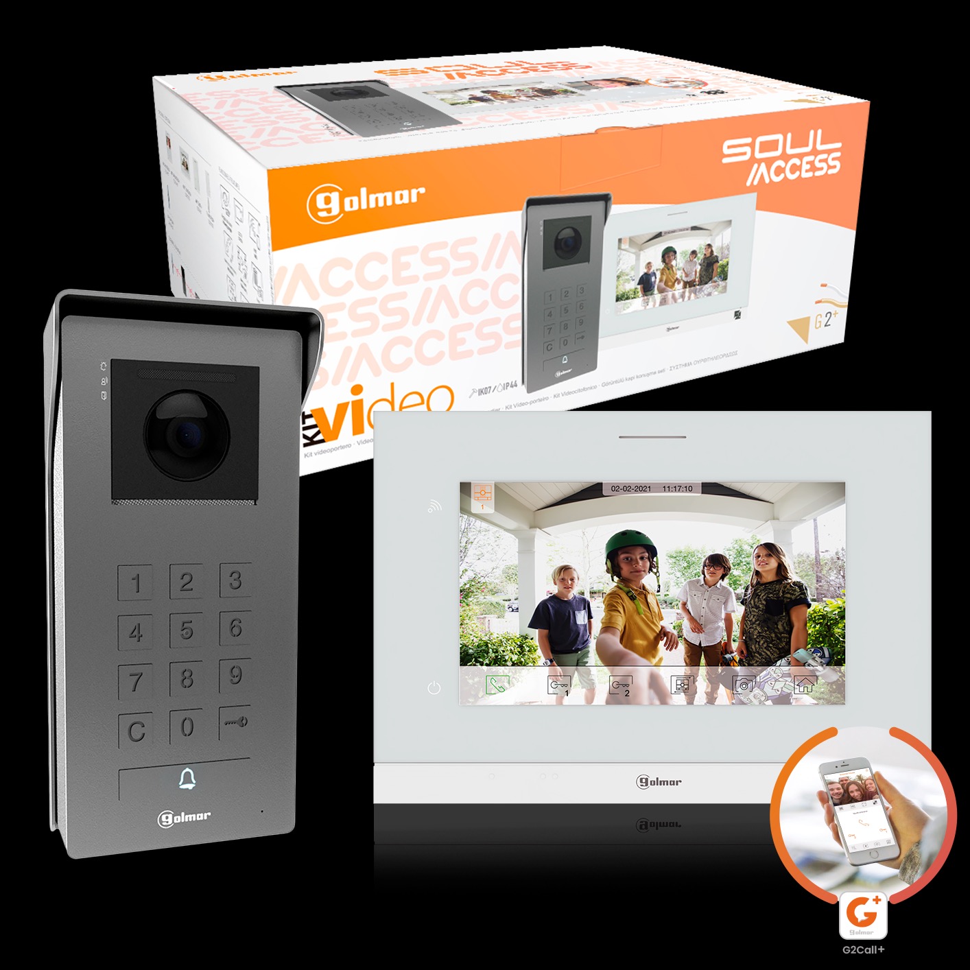 Zestaw wideodomofonowy Golmar Soul Access z panelem zewnętrznym, monitorem i pudełkiem, prezentujący podgląd wideo z dziećmi na ekranie.