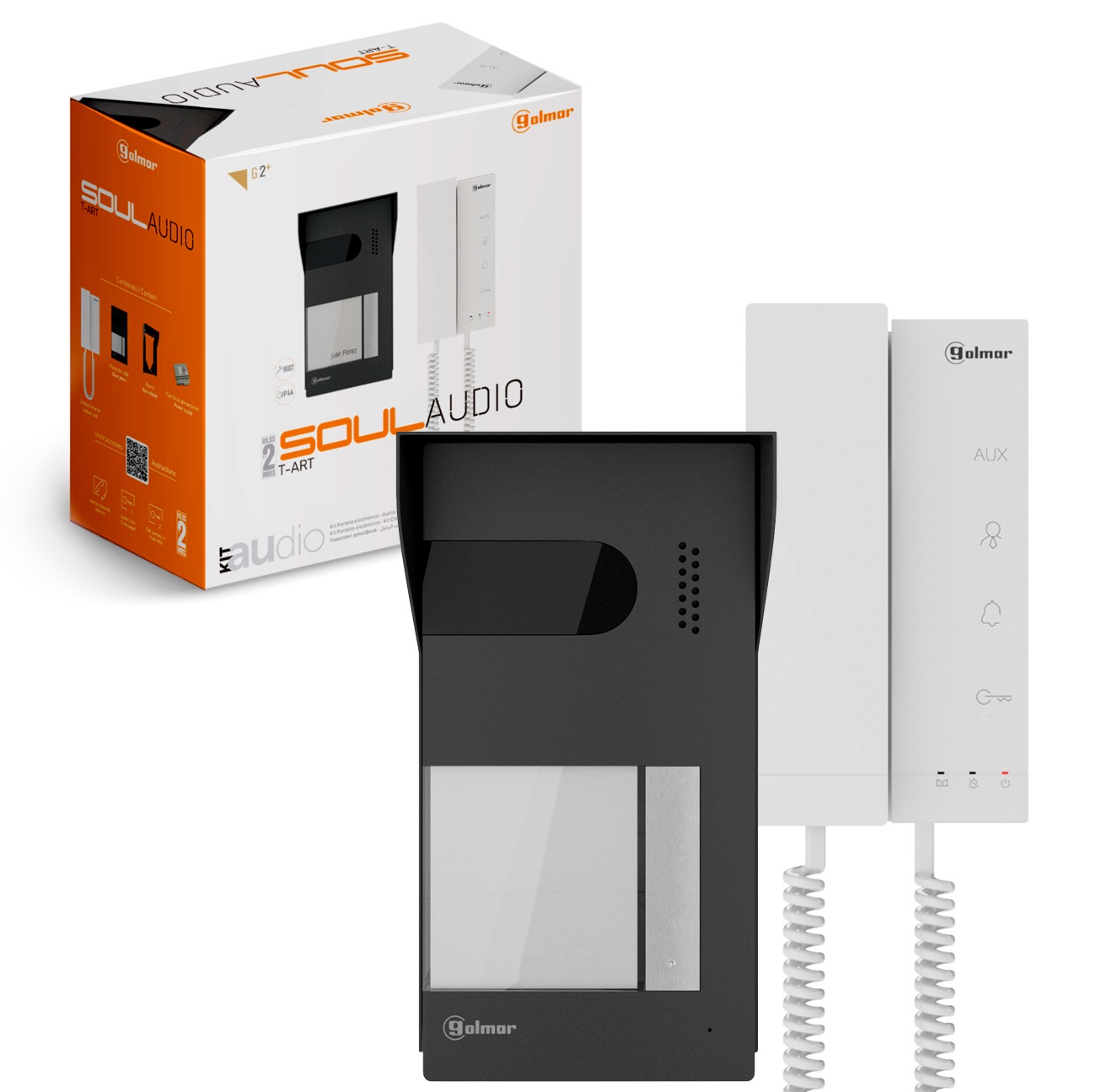 Zestaw wideodomofonowy Golmar Soul Audio T-Art z panelem zewnętrznym w kolorze czarnym i unifonem w kolorze białym, wraz z pudełkiem prezentacyjnym.