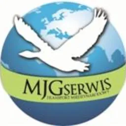 Logo firmy MJG Serwis z motywem orła na tle globu w odcieniach błękitu i zieleni, z napisem „Transport Międzynarodowy”.