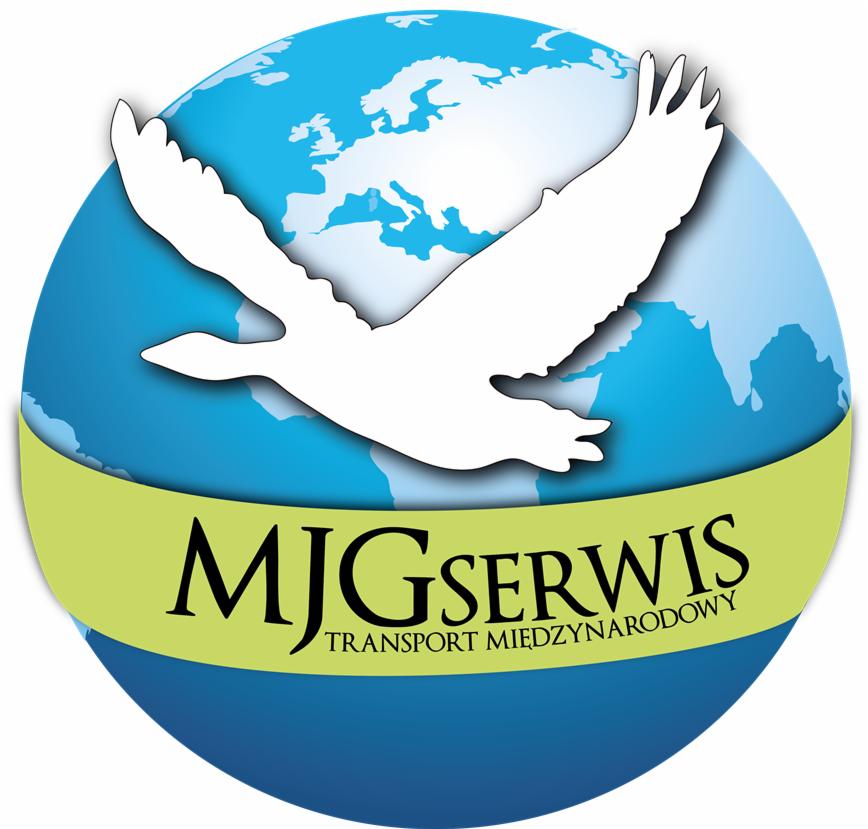 Logo firmy MJG Serwis z motywem globu, białego gołębia i napisem 'Transport Międzynarodowy'.