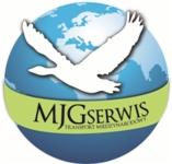 Logo firmy MJG Serwis z motywem orła na tle globu w odcieniach błękitu i zieleni, z napisem „Transport Międzynarodowy”.
