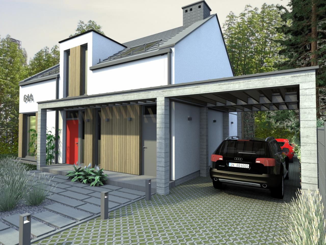 Wizualizacja nowoczesnego domu jednorodzinnego z płaskim dachem, zadaszonym miejscem parkingowym i czerwonymi drzwiami wejściowymi, otoczonego zielenią.