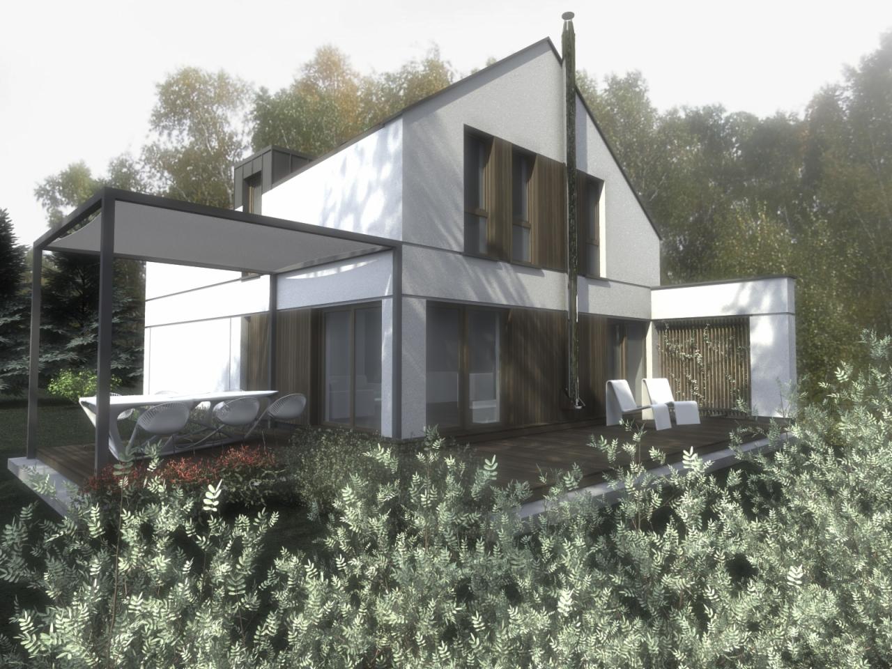 Wizualizacja nowoczesnego domu jednorodzinnego z tarasem i pergolą, otoczonego zielenią.