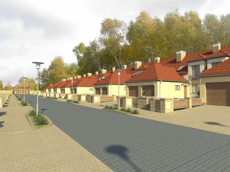 Wizualizacja osiedla domów wielorodzinnych z czerwonymi dachami, jasnymi elewacjami i garażami, widok z perspektywy ulicy z lampami oświetleniowymi i drzewami w tle.