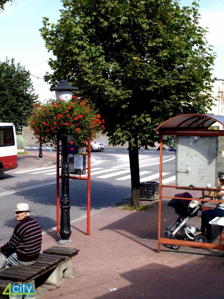 Uliczny kwietnik wiszący na ozdobnej, czarnej latarni, obok przystanku autobusowego z siedzącą osobą i wózkiem dziecięcym, widok na przejście dla pieszych i ulicę.