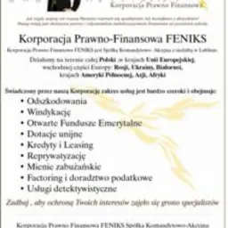Plakat reklamowy Korporacji Prawno-Finansowej FENIKS z wizerunkiem kobiety i sylwetkami mężczyzn w tle, promujący szeroki zakres usług, w tym kredyty i leasingi.