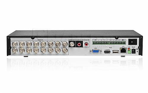 Tył rejestratora cyfrowego BCS-DVR16 z licznymi złączami BNC, audio, VGA, HDMI, USB i Ethernet, widoczne złącze zasilania DC.