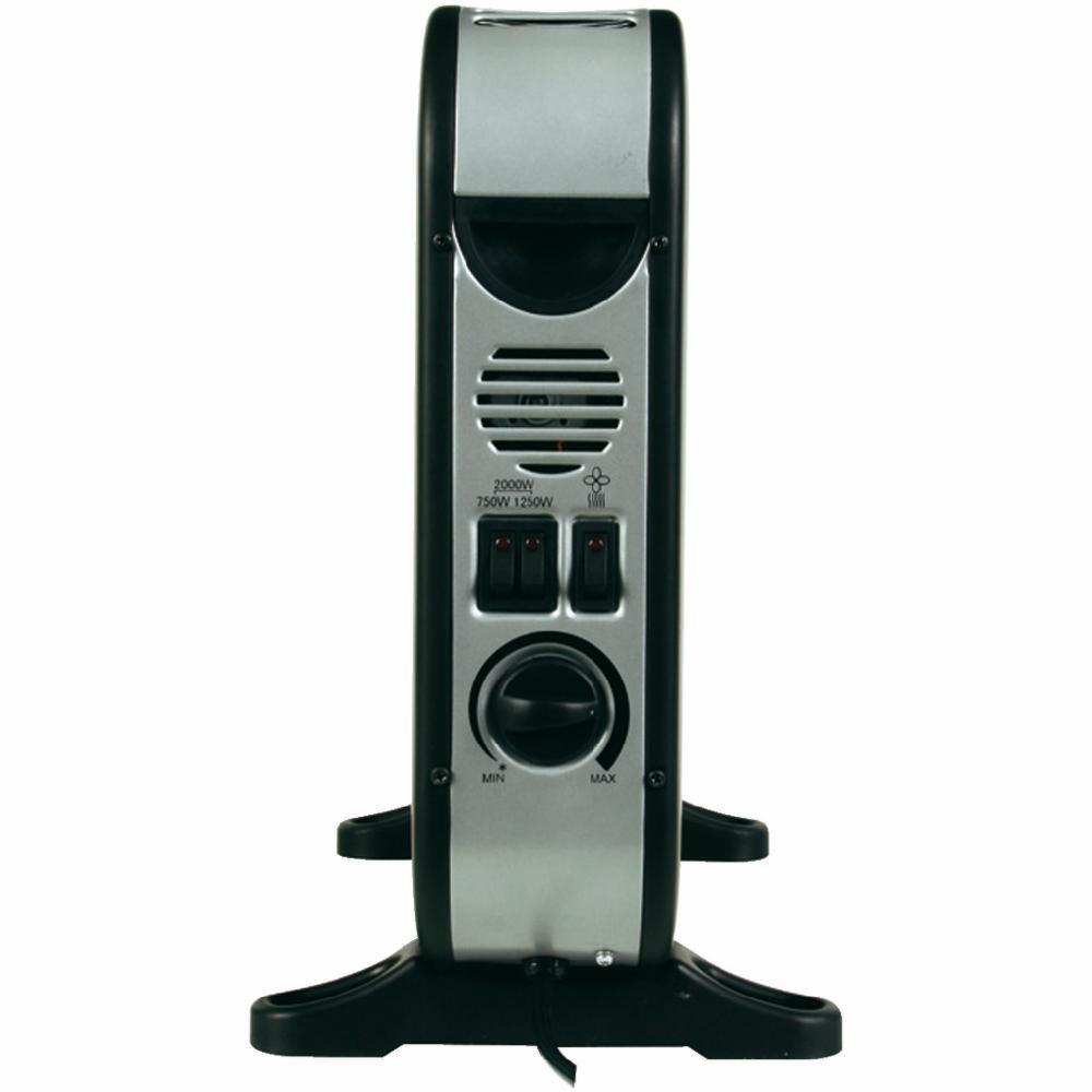 Srebrny grzejnik konwekcyjny Velleman Design EHD2 o mocy 1000/2000 W, z dwoma przełącznikami i pokrętłem regulacji temperatury, sfotografowany na białym tle w Krakowie.