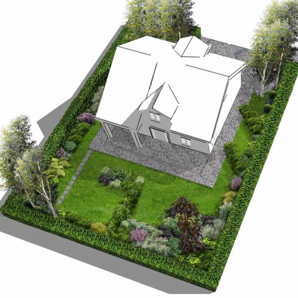Wizualizacja 3D domu jednorodzinnego z zagospodarowanym ogrodem, widok z góry, z uwzględnieniem trawnika, ścieżki z płyt, żywopłotu i różnorodnej roślinności ozdobnej.