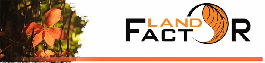Logo firmy Land Fact z motywem liści w kolorze pomarańczowym, umieszczone na białym tle z fragmentem roślinności w lewym górnym rogu.