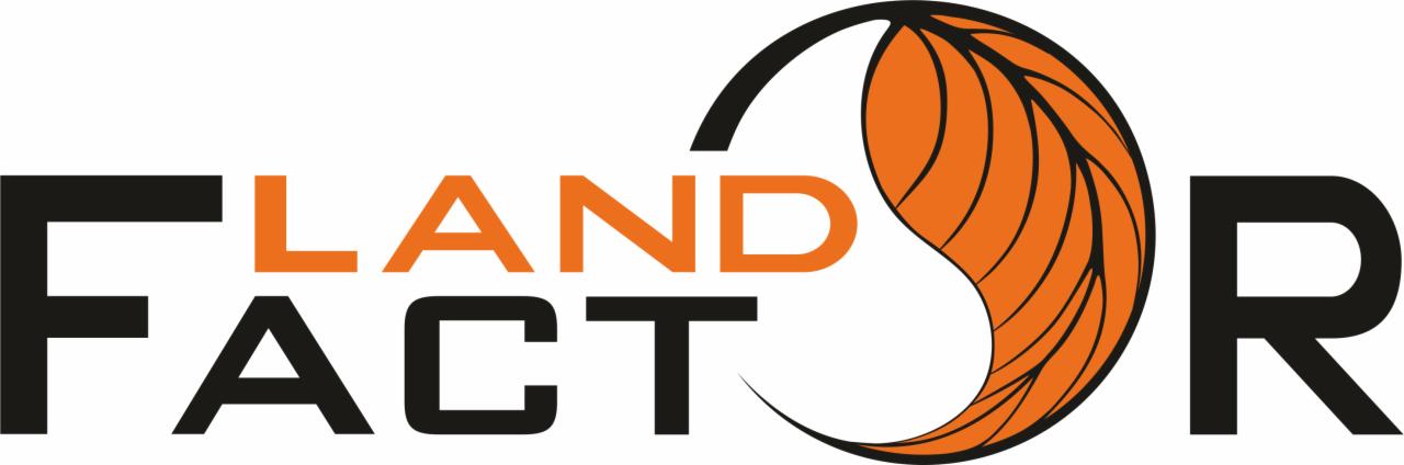 Logo firmy Land Factor z pomarańczowo-czarnym liściem w kształcie łzy, wkomponowanym w nazwę.