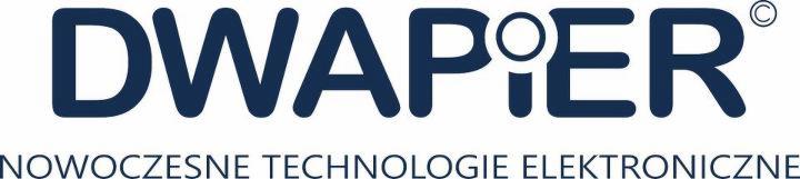 Logo firmy DWAPIER prezentujące nowoczesne technologie elektroniczne, z charakterystycznym symbolem lupy w literze 'i'.