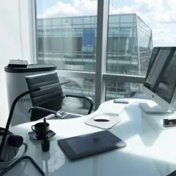 Jasne biuro grafika: iMac, tablet graficzny, kawa. Za oknem nowoczesny biurowiec. Nowoczesne stanowisko pracy z widokiem na miasto.