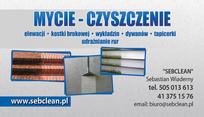 Karta reklamowa firmy SEBCLEAN oferującej mycie elewacji, kostki brukowej, wykładzin, dywanów, tapicerki oraz udrażnianie rur, prezentująca efekty czyszczenia ceglanych schodów, czyszczenie dywanu...