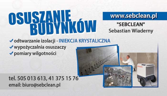 Wizytówka firmy SEBCLEAN oferującej usługi osuszania budynków, iniekcji krystalicznej, wypożyczalni osuszaczy oraz pomiarów wilgotności, z numerem telefonu i adresem email.