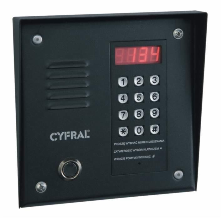 Czarny panel domofonu Cyfral z wyświetlaczem LED i klawiaturą numeryczną, instrukcja w języku polskim, widoczne śruby mocujące.