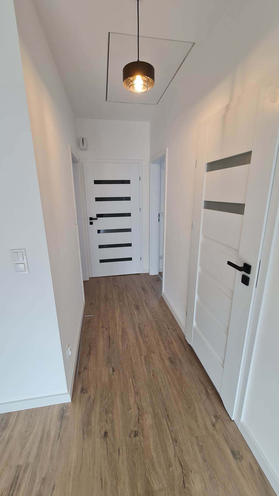 Nowoczesny korytarz w domu z drewnianą podłogą, białymi ścianami i dwiema białymi drzwiami z czarnymi klamkami, oświetlony lampą wiszącą z metalowym kloszem.
