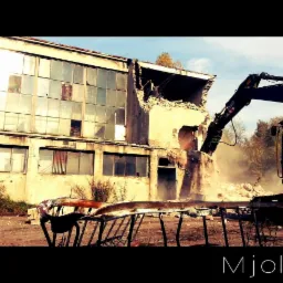 Żółty koparka Volvo w trakcie rozbiórki starego, dwukondygnacyjnego budynku z dużymi oknami. Na pierwszym planie zardzewiałe elementy konstrukcyjne.