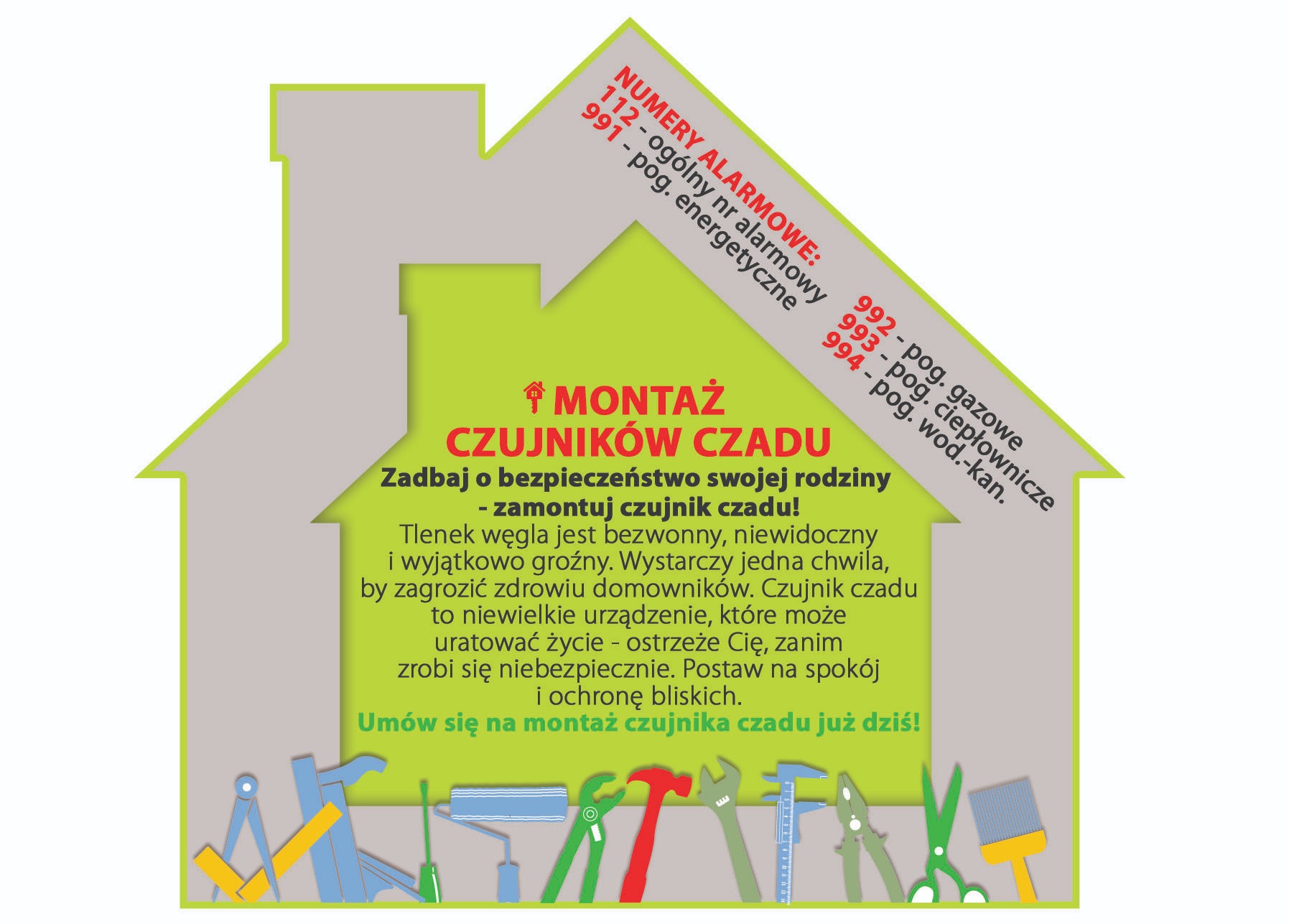 Grafika informacyjna: montaż czujników czadu. Numery alarmowe, ostrzeżenie o tlenku węgla, narzędzia monterskie. Zadbaj o bezpieczeństwo rodziny.
