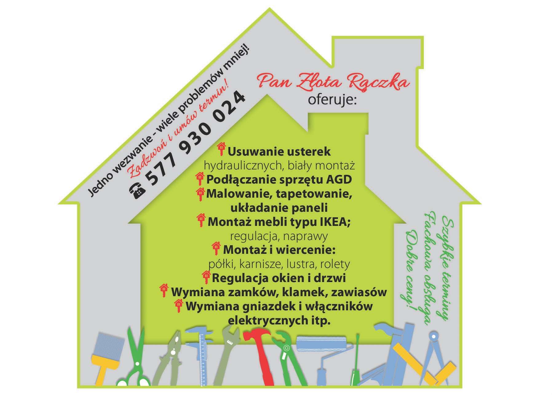 Grafika reklamowa usług 'Złotej Rączki' w kształcie domu. Oferta obejmuje prace hydrauliczne, AGD, malowanie, montaż mebli IKEA, regulacje okien, wymianę zamków i elektrykę.