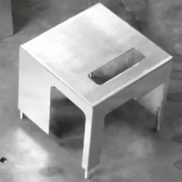 Precyzyjnie wykonany, spawany element z metalu o geometrycznym kształcie, z otworem prostokątnym na górze i charakterystycznymi nóżkami, na metalowej powierzchni.
