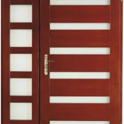 Lakierowane, mahoniowe drzwi z szybami mlecznymi, dzielone na dwa skrzydła o różnych szerokościach, z widoczną klamką i zawiasami.