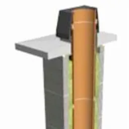 Przekrój komina systemowego z widoczną warstwą izolacji, wkładem ceramicznym i czarną czapą kominową.