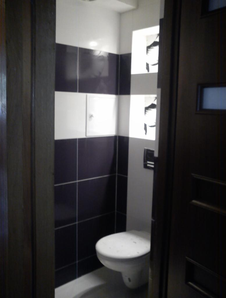 Wykończona łazienka z toaletą, ciemnymi i białymi płytkami ułożonymi w poziome pasy. Widok zza uchylonych drzwi. Nisze w ścianie oświetlone od tyłu.
