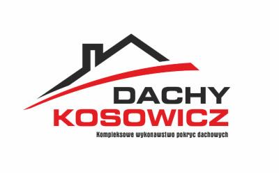 Logo firmy dekarskiej: czarny dach, czerwona linia, napis 'DACHY KOSOWICZ' i pod spodem 'Kompleksowe wykonawstwo pokryć dachowych'.
