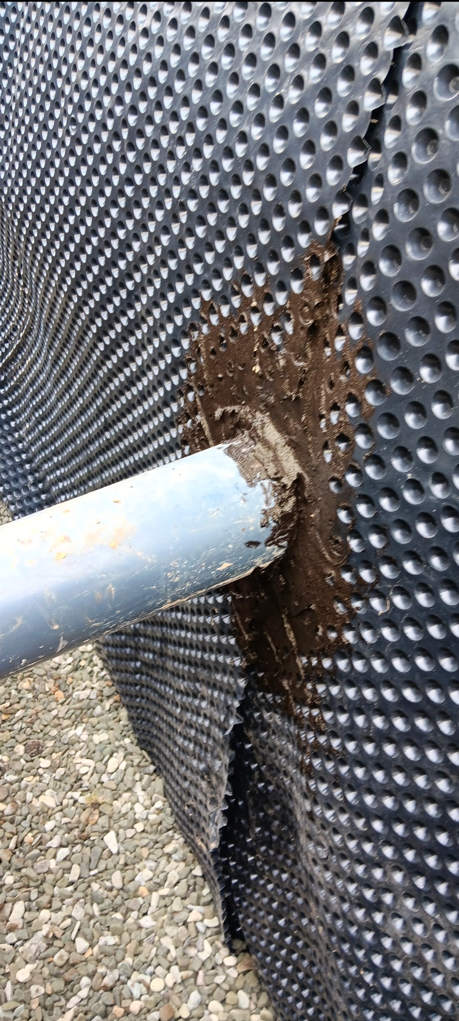 Ochrona fundamentu folią kubełkową z rurą drenażową w ziemi. Detal izolacji pionowej fundamentu z bliska.