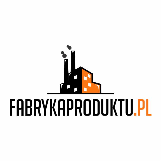 Grafika logo z stylizowaną fabryką i kominami. Czarno-pomarańczowa kolorystyka, napis „FABRYKAPRODUKTU.PL” na białym tle.