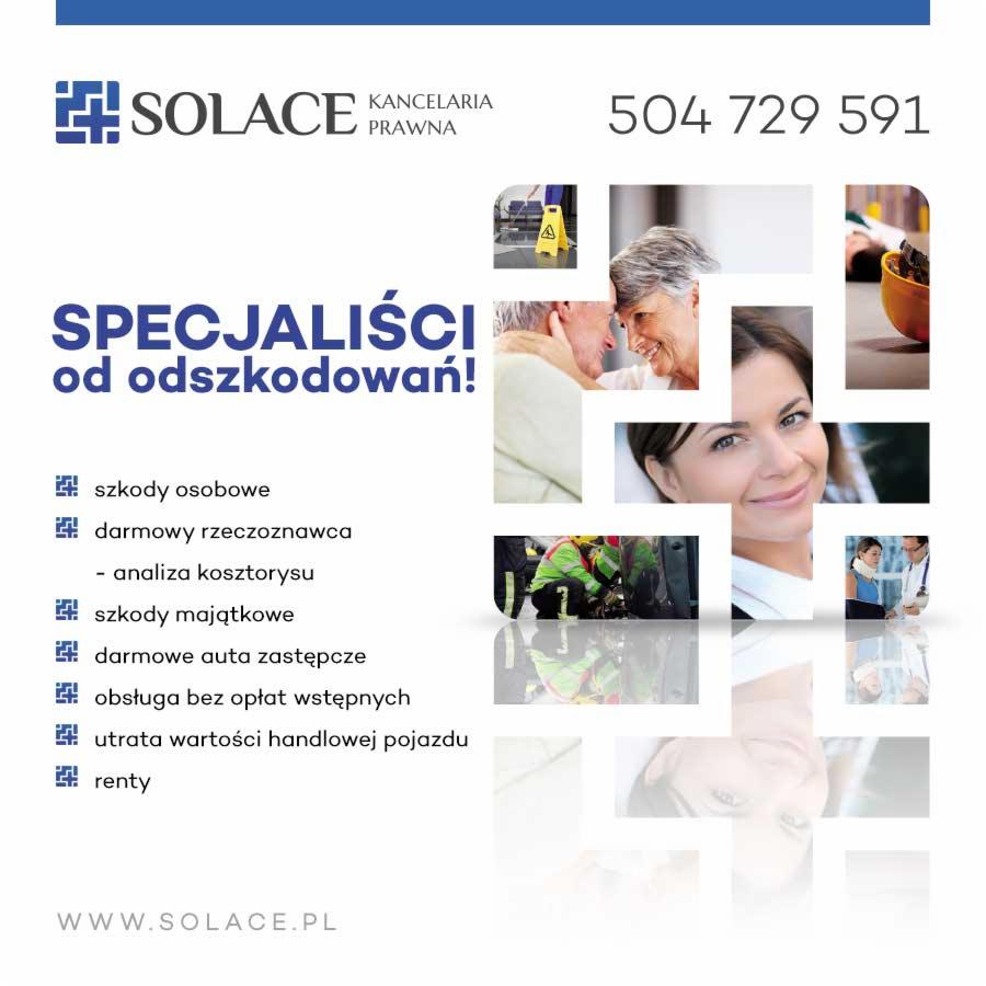 Reklama kancelarii prawnej Solace specjalizującej się w odszkodowaniach, prezentująca logo, numer telefonu, adres strony internetowej oraz zdjęcia ilustrujące zakres usług, w tym szkody osobowe...