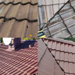 Montaż dachówki ceramicznej: kolaż prezentuje stan dachu przed i po czyszczeniu, z nową, czerwoną dachówką w dolnej części i starą, brązową z mchem w górnej.