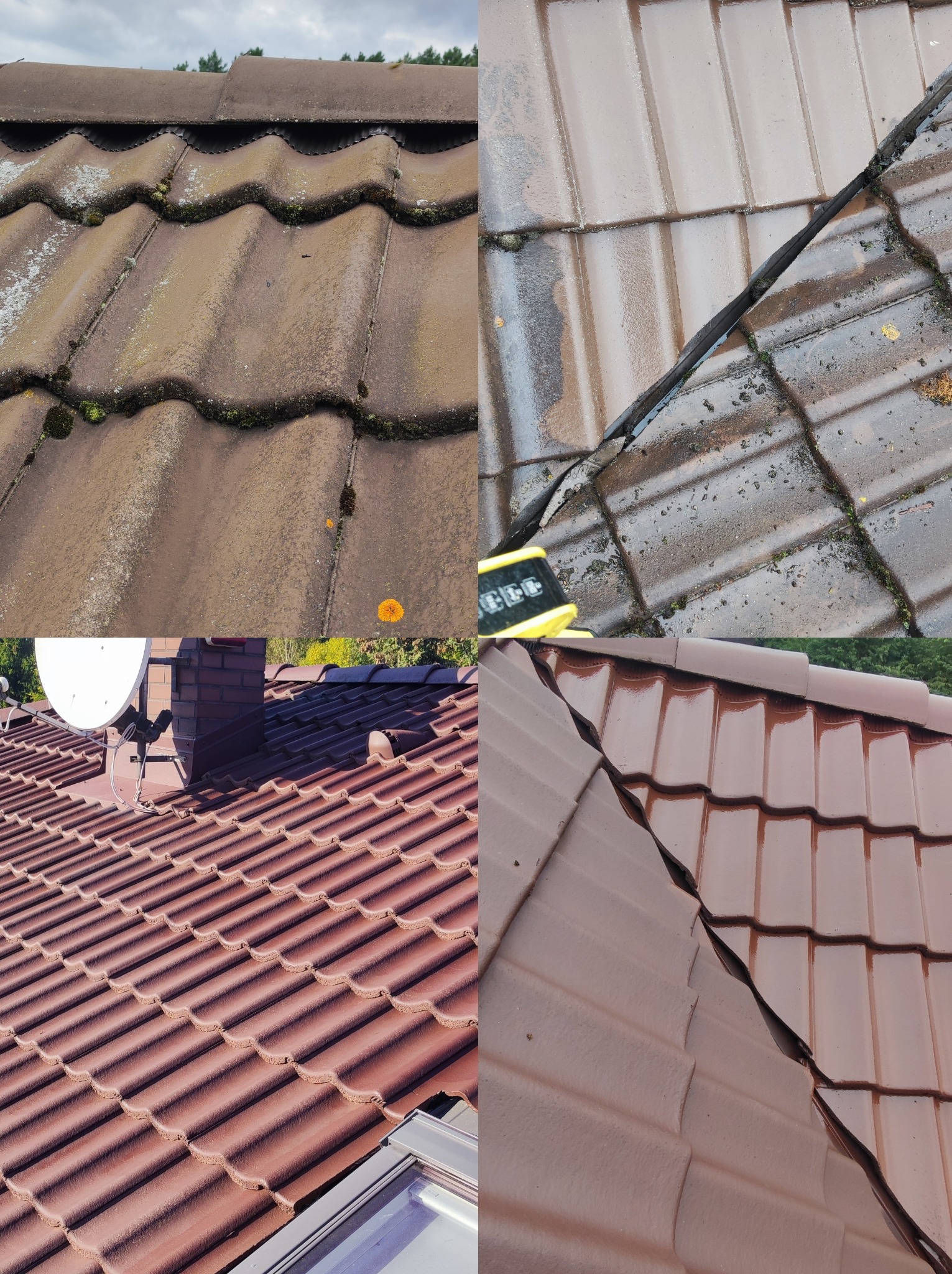 Montaż dachówki ceramicznej: kolaż prezentuje stan dachu przed i po czyszczeniu, z nową, czerwoną dachówką w dolnej części i starą, brązową z mchem w górnej.