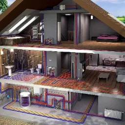 Przekrój domu z widoczną instalacją grzewczą podłogową, grzejnikami i rurami w kolorze niebieskim i czerwonym, prezentujący system ogrzewania w łazience, kuchni, salonie i sypialni na poddaszu.