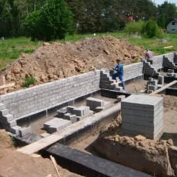 Wznoszenie ścian fundamentowych z bloczków betonowych na izolowanych fundamentach, widoczny pracownik z poziomicą i zapas bloczków, w tle usypana ziemia i zabudowa jednorodzinna.