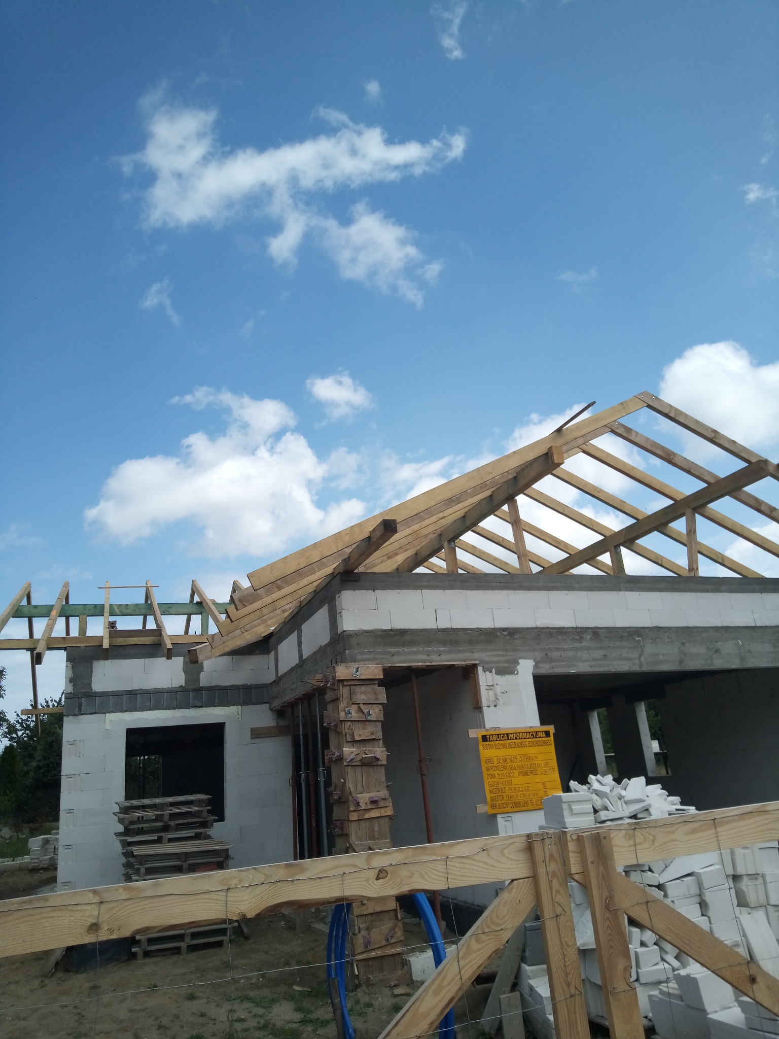 Budowa domu jednorodzinnego w trakcie realizacji: ściany z bloczków, drewniana więźba dachowa, tablica informacyjna budowy. Błękitne niebo z chmurami w tle.