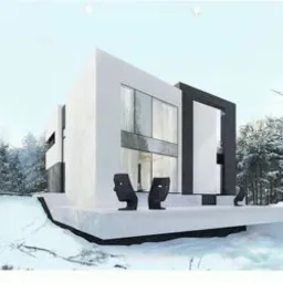 Nowoczesny, biały dom z płaskim dachem na ośnieżonym wzgórzu, otoczony lasem. Przed wejściem dwie czarne, abstrakcyjne rzeźby. Widok z daleka, w zimowej scenerii.