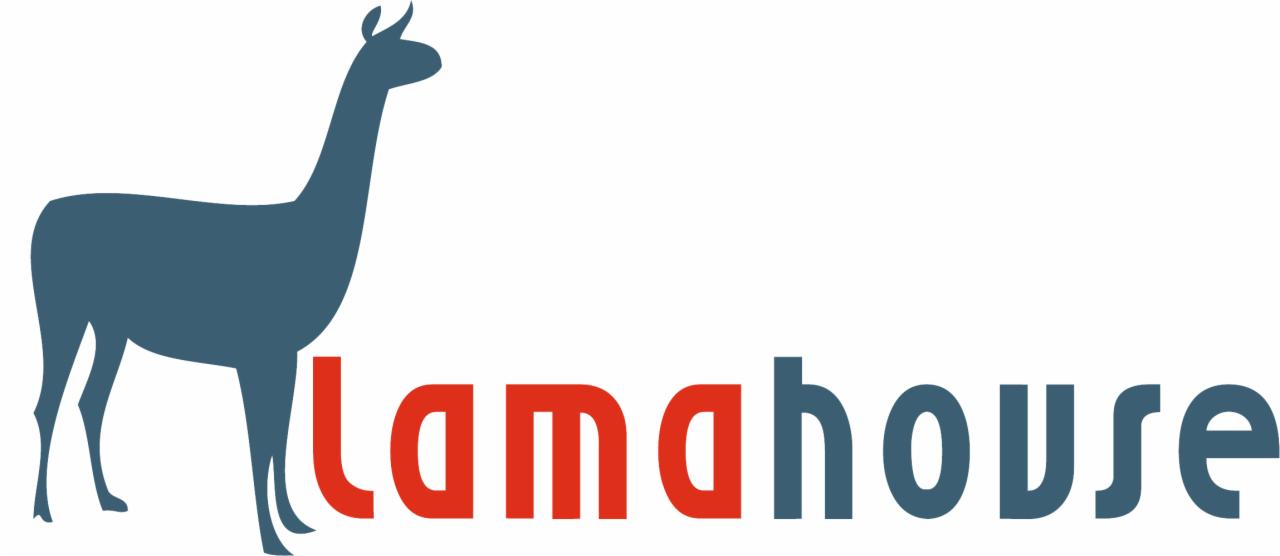 Logo firmy filmowej z sylwetką lamy i napisem 'lamahouse' w kolorach czerwonym i szarym.