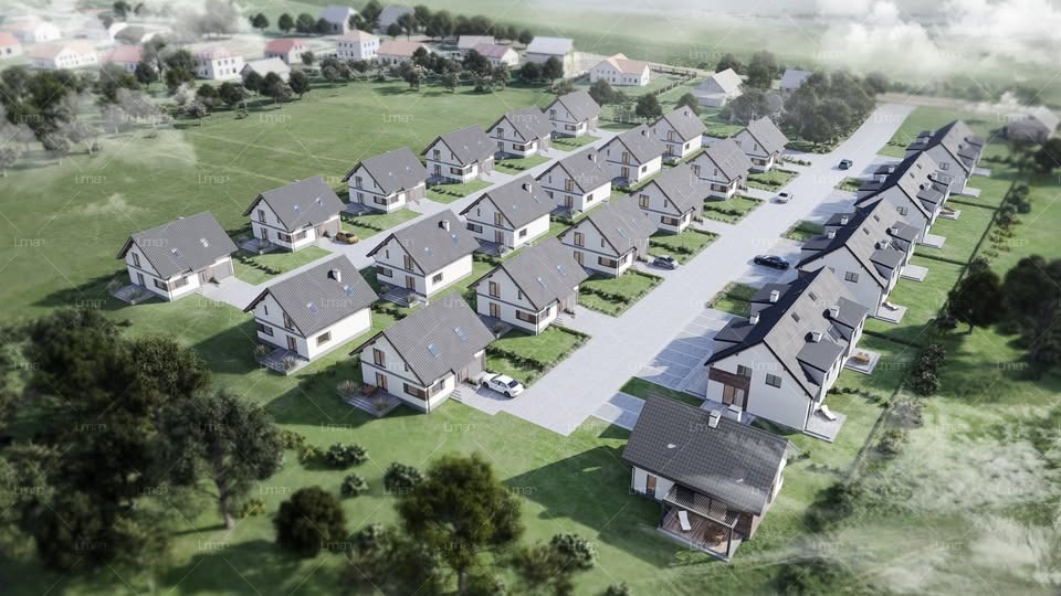 Osiedle domów jednorodzinnych z szarymi dachami, widok z lotu ptaka. Regularny układ budynków, zadbane trawniki, ulice z samochodami. Wizualizacja architektoniczna.