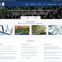 Strona internetowa Instytutu Polityki Społecznej Uniwersytetu Warszawskiego z menu, aktualnościami i sekcją dla studentów. Ujęcie z góry.